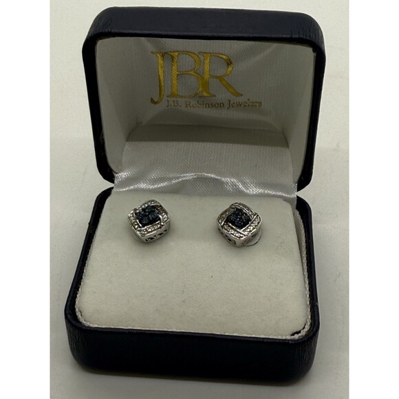 Signed JWBR 925 Sterling Silver Stud Earrings With White & Blue Diamonds New - Picture 1 of 13